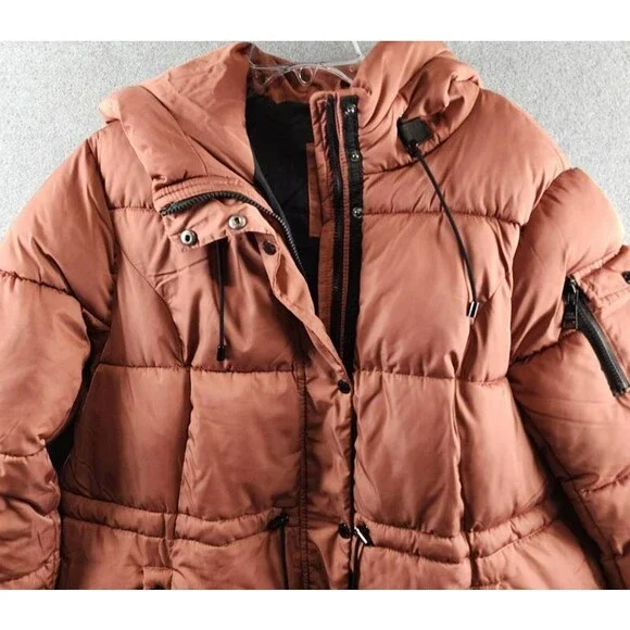 Steve Madden Plus Size Hooded Puffer Utility Coat Womens 1X Terracotta Zip Snap - Picture 4 of 14